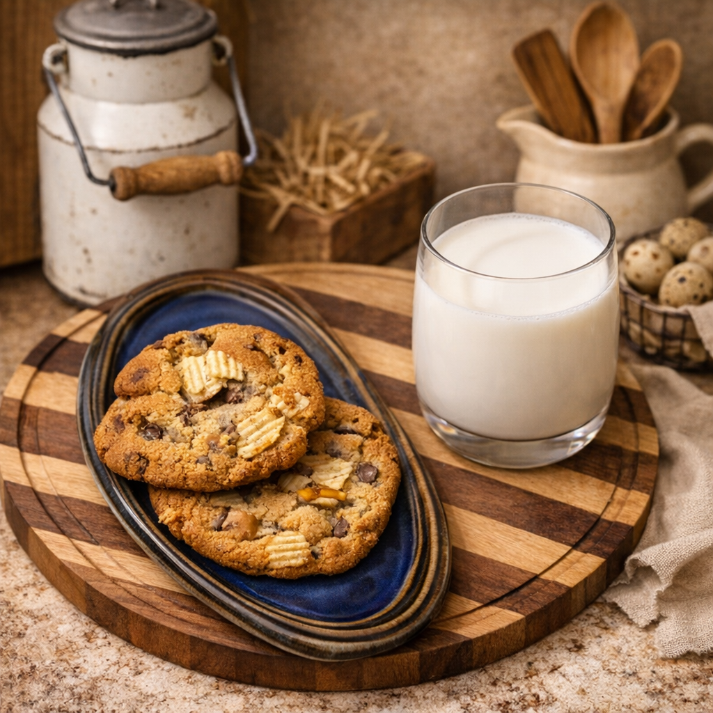 Chocolate chip cookies on a blue plate next to a glass of milk on a wooden cutting board, with rustic kitchen items and wooden spoons in the background.