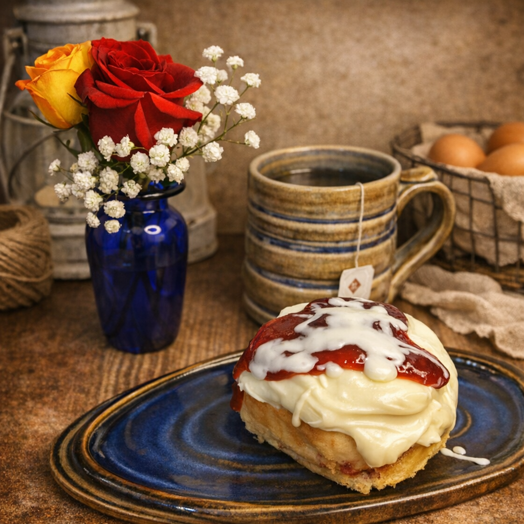 A slice of cheesecake with whipped cream and strawberry sauce on a blue ceramic plate. In the background, there is a blue vase with red, yellow, and white flowers, a rustic mug, and a basket of eggs on a kitchen countertop.