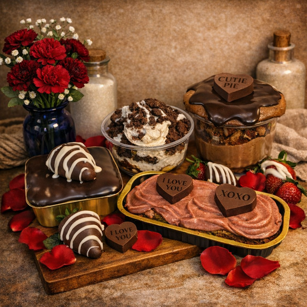 Variety of desserts including a chocolate pie with a Hello Heart-shaped chocolate topper reading "CUTIE PIE," a layered ice cream dessert with cookie crumbles, a heart-shaped chocolate with the words "I LOVE YOU," strawberry cookies, and a cake toppe