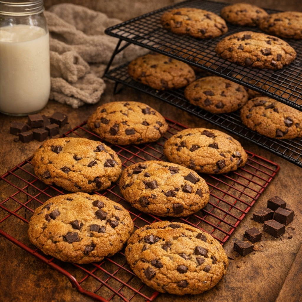 Freshly baked chocolate chip cookies on a cooling rack, with a glass of milk nearby, on a wooden surface.