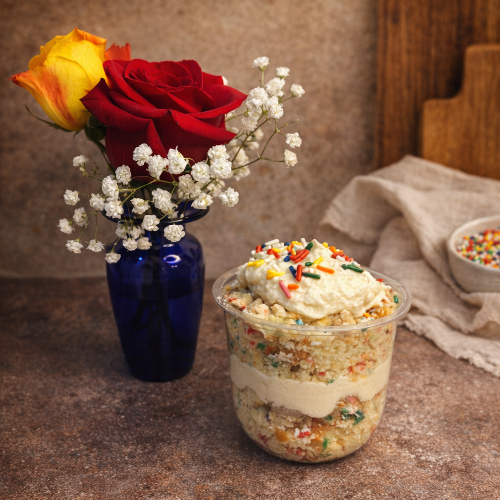 A dessert in a clear plastic cup with layers of cake, frosting, and colorful sprinkles, topped with more frosting and sprinkles, set on a brown countertop. Next to it is a blue vase with a bouquet of red and yellow roses and white baby's breath flowe
