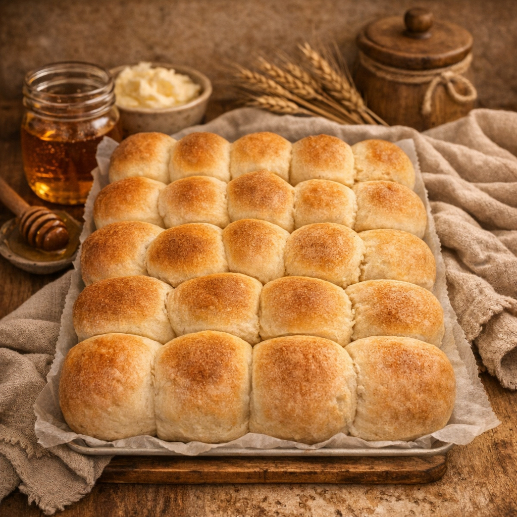 Basket of freshly baked bread rolls on a baking sheet with honey, butter, wheat stalks, and rustic kitchen items in the background.
