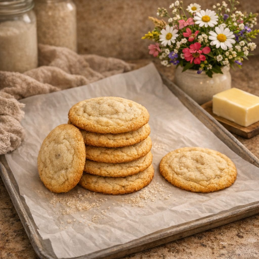 A stack of five oatmeal cookies on a baking sheet with a single cookie laid flat, with a stick of butter on a small board, a vase of colorful flowers, and jars of sugar in the background.