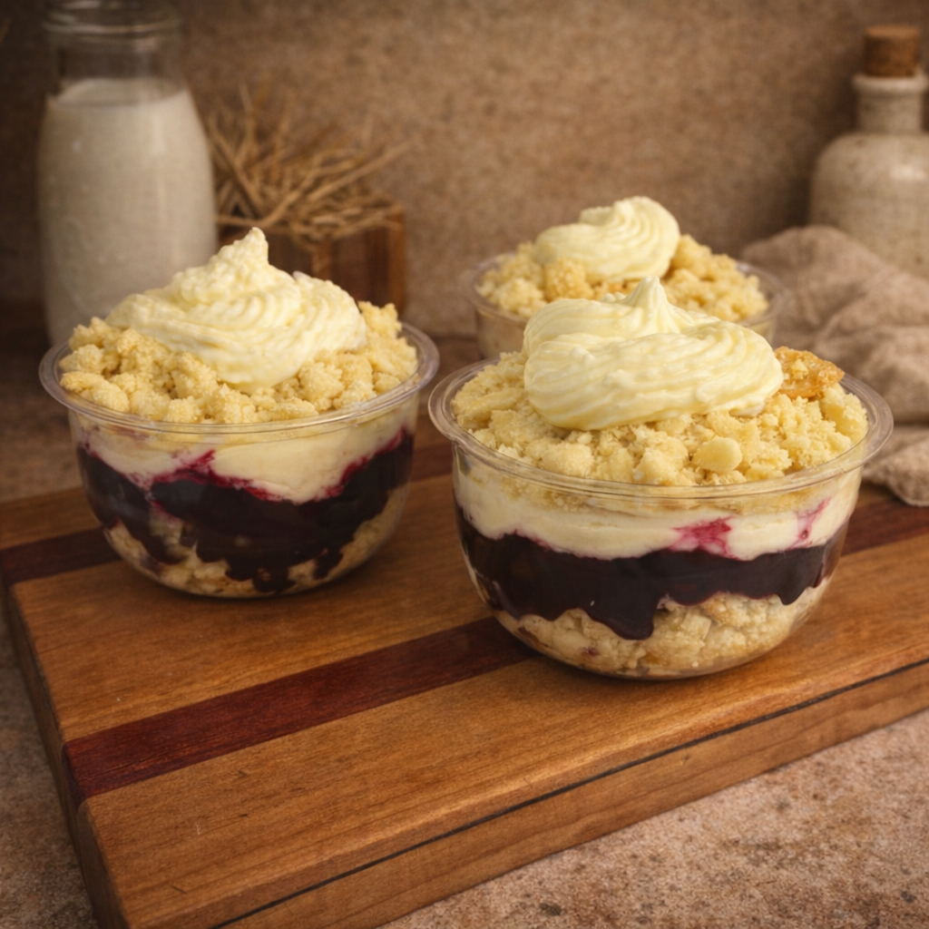 Three bowls of layered dessert with crumbled topping and whipped cream on top, placed on a wooden board.