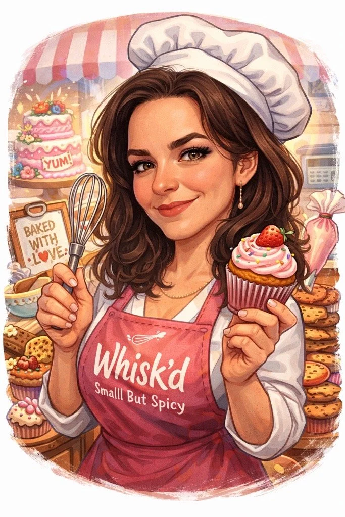 A woman dressed as a baker, wearing a pink apron that says 'Whisk'd Small But Spicy', holding a cupcake with pink frosting and a strawberry, with a pastry whisk in her other hand. The background features a cake, baked goods, and a 'Baked With Love' sign.