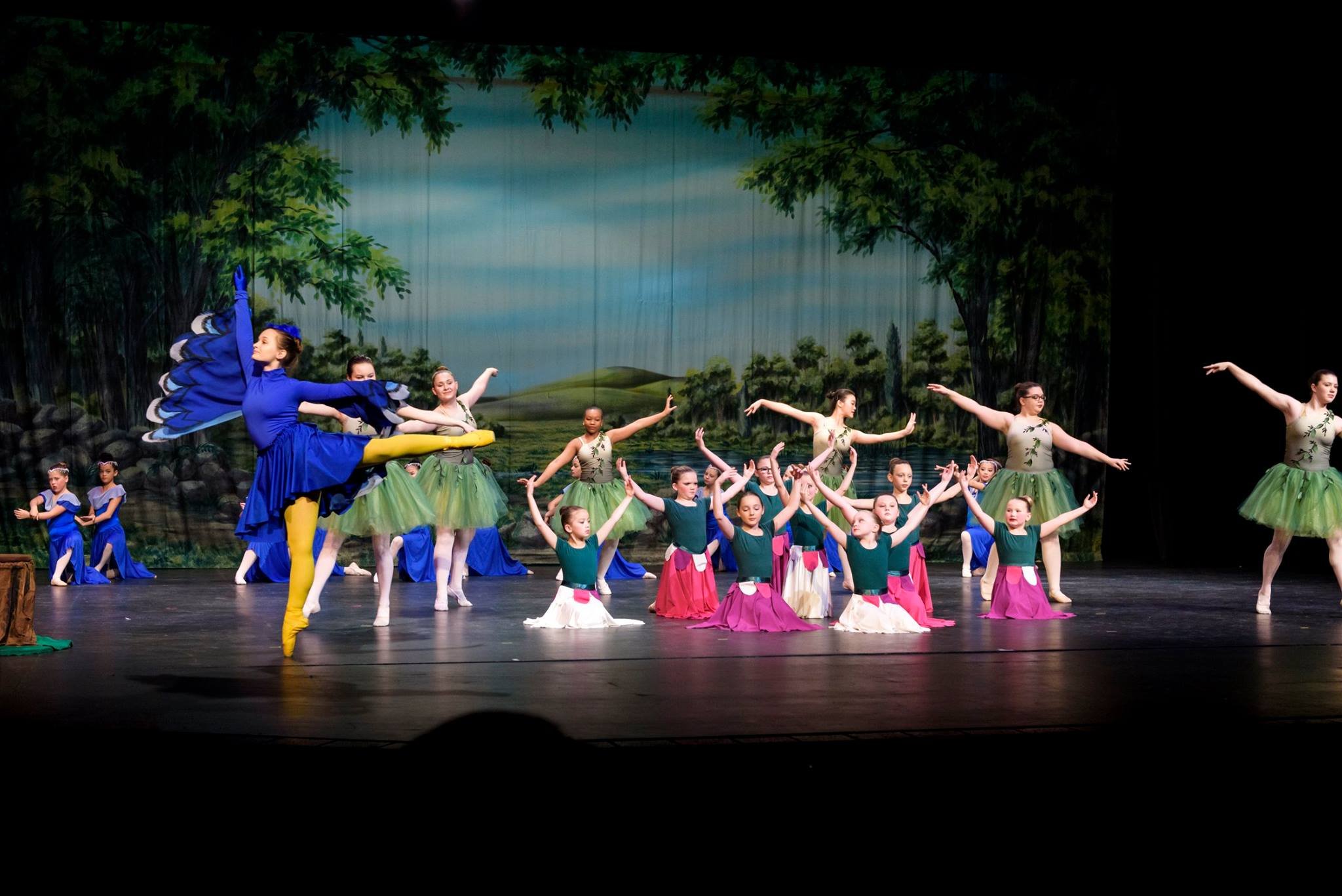 A group of young ballet dancers performing on stage with a nature-themed backdrop depicting trees and a river.