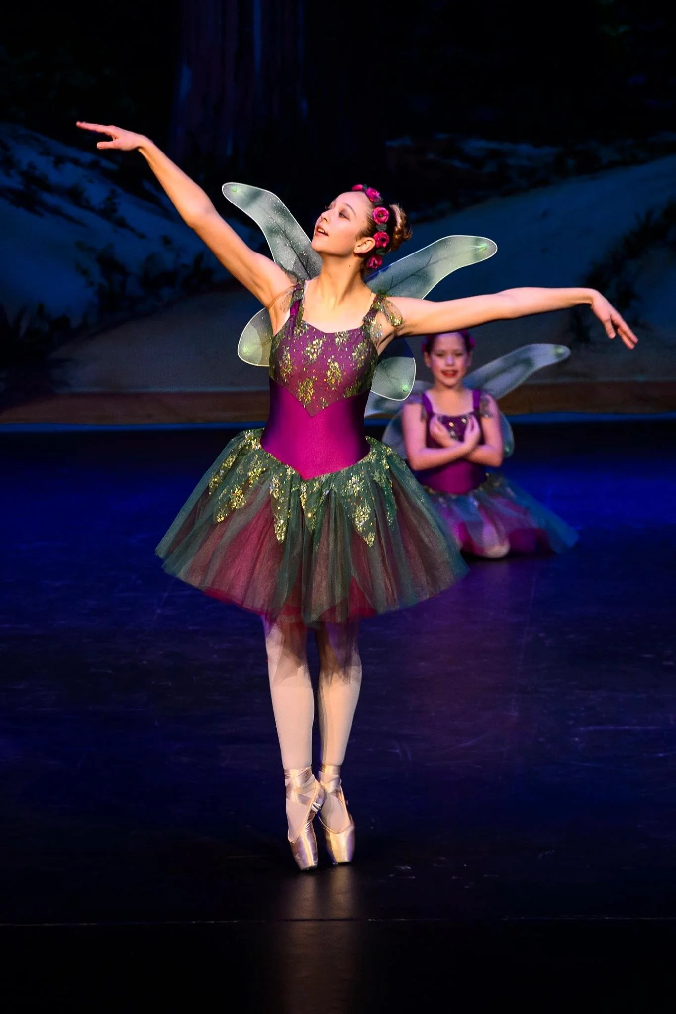Ballet dancer in a purple and green fairy costume on stage, with a second dancer in similar costume in the background.