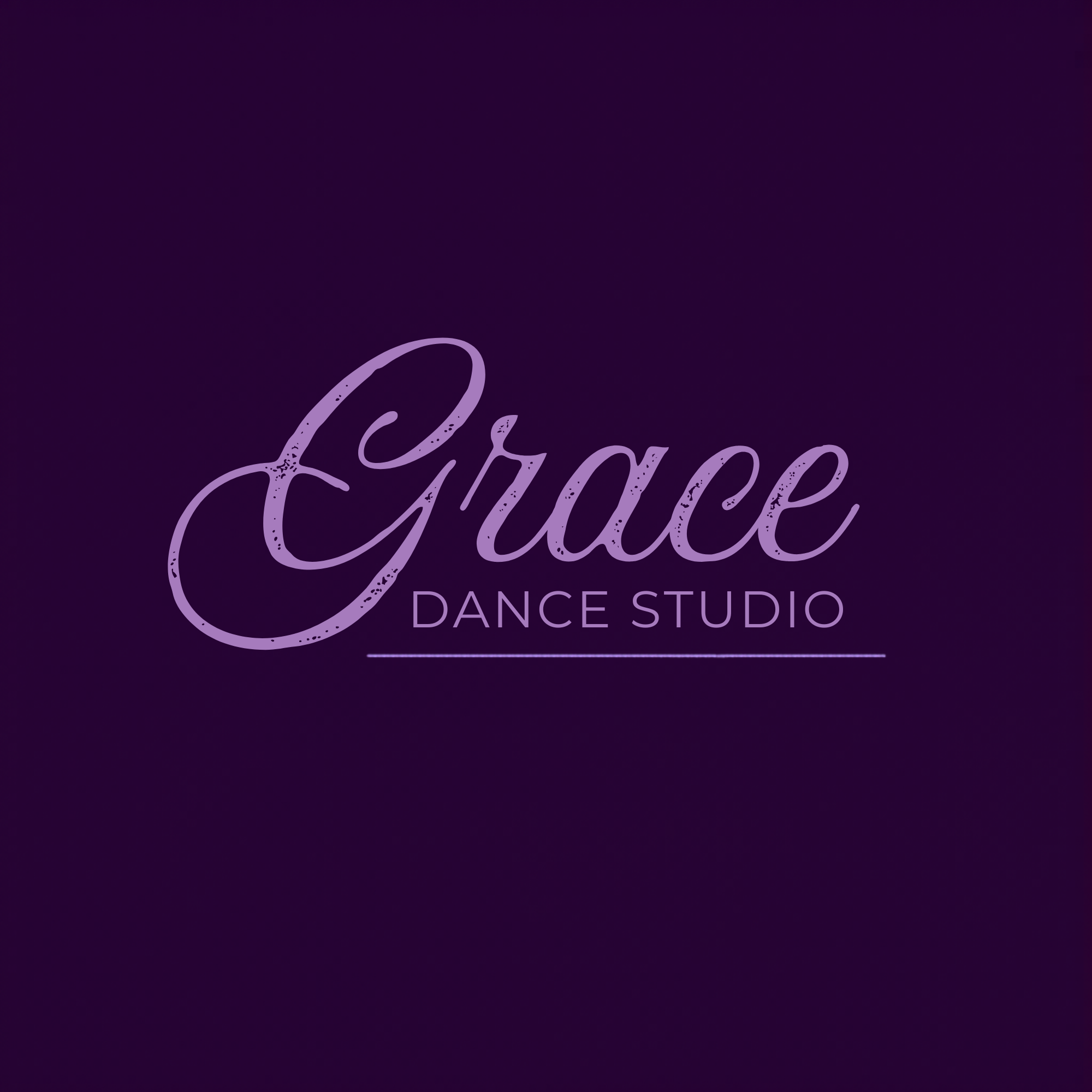 Close-up of a sign for a dance studio with purple neon text against a dark purple background.