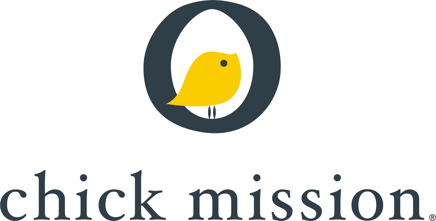 Logo for Chick Mission featuring a yellow bird in an egg shape with a black eye, and the text 'chick mission' beneath it.