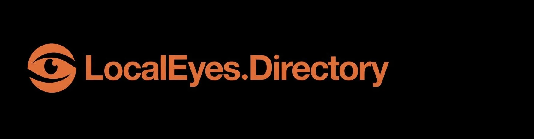 Black background with an orange eye logo and the text 'LocalEyes.Directory' in orange.