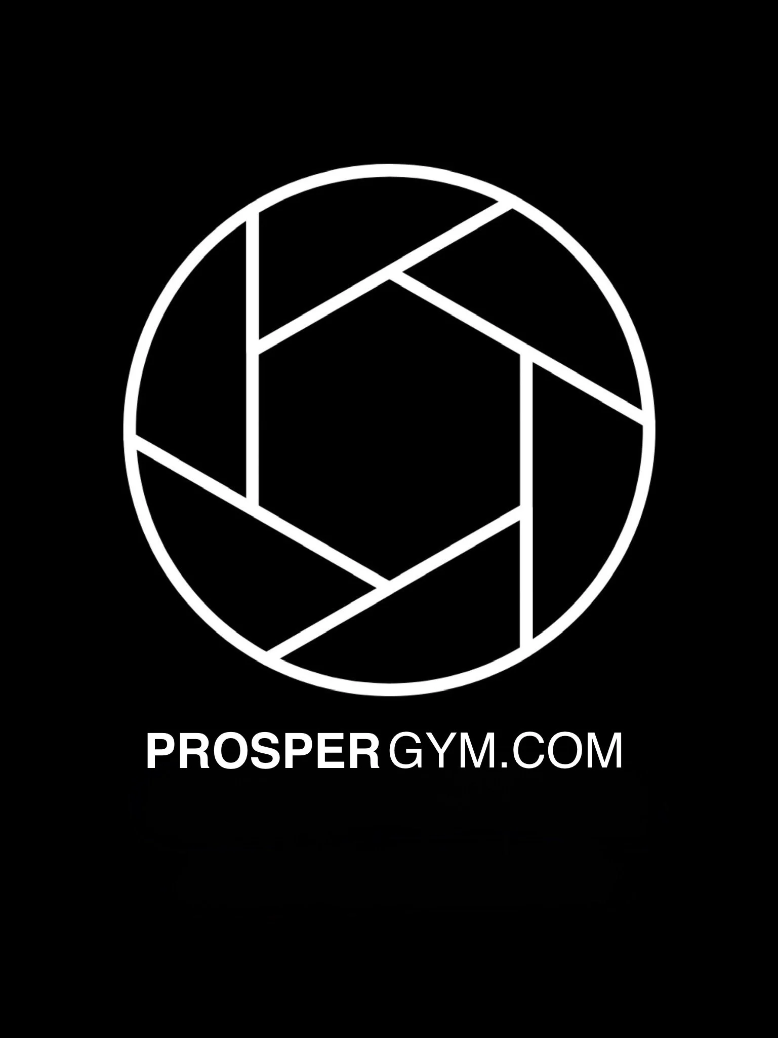 Black background with a white geometric logo resembling a camera shutter enclosed in a circle and the text 'PROSPER GYM.COM' below.