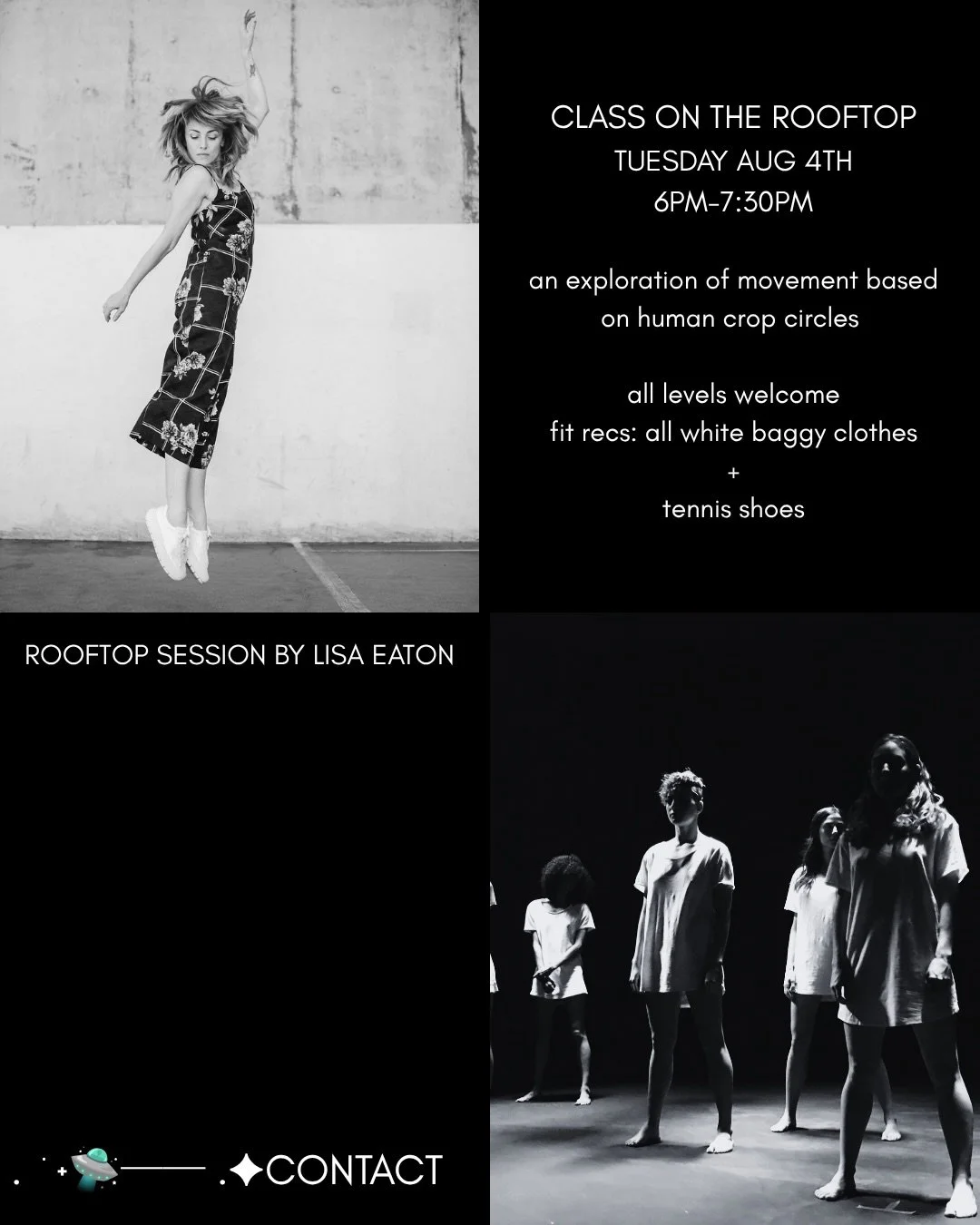 like crop circles &amp; rooftops? 
this class is for you!

Aug 4 6pm-7:30 
$22 
Open Level

https://heididuckler.org/event/summer-rooftop-pop-series-experimental-w-lisa-eaton/

CONTACT w/&nbsp;Lisa Eaton
Explore movement inspired by&nbsp;human crop c