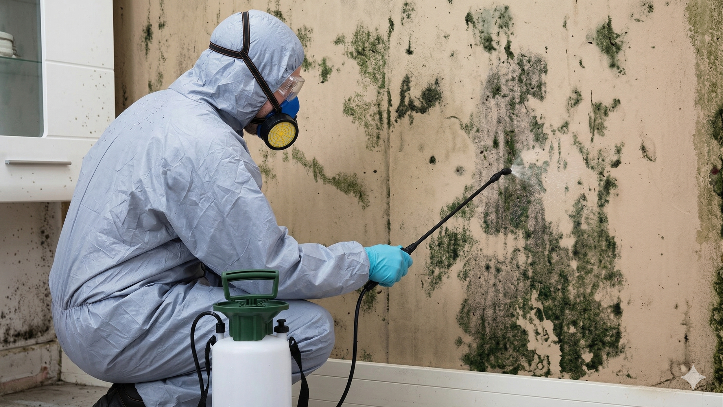 A person in protective gear using a spray wand to treat mold on a wall.