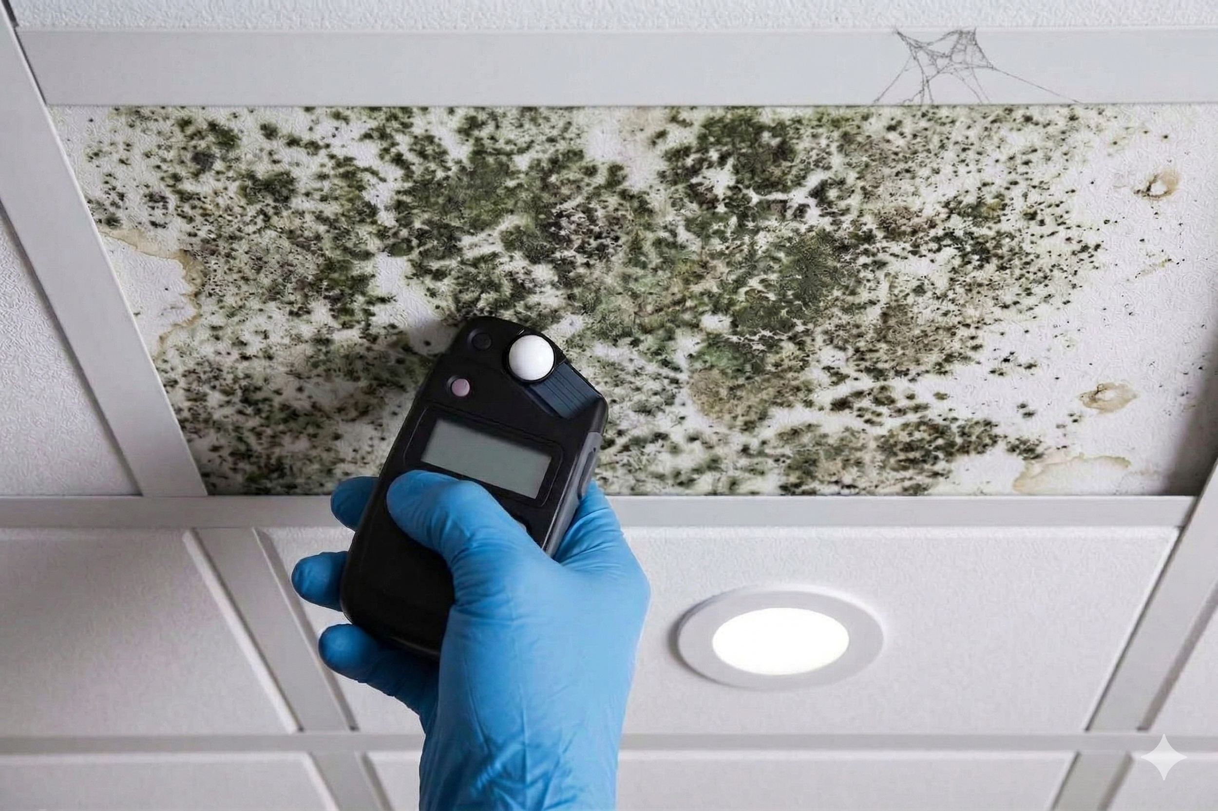 A person wearing blue gloves uses a handheld device to inspect a ceiling panel with mold growth, with a spider web nearby.