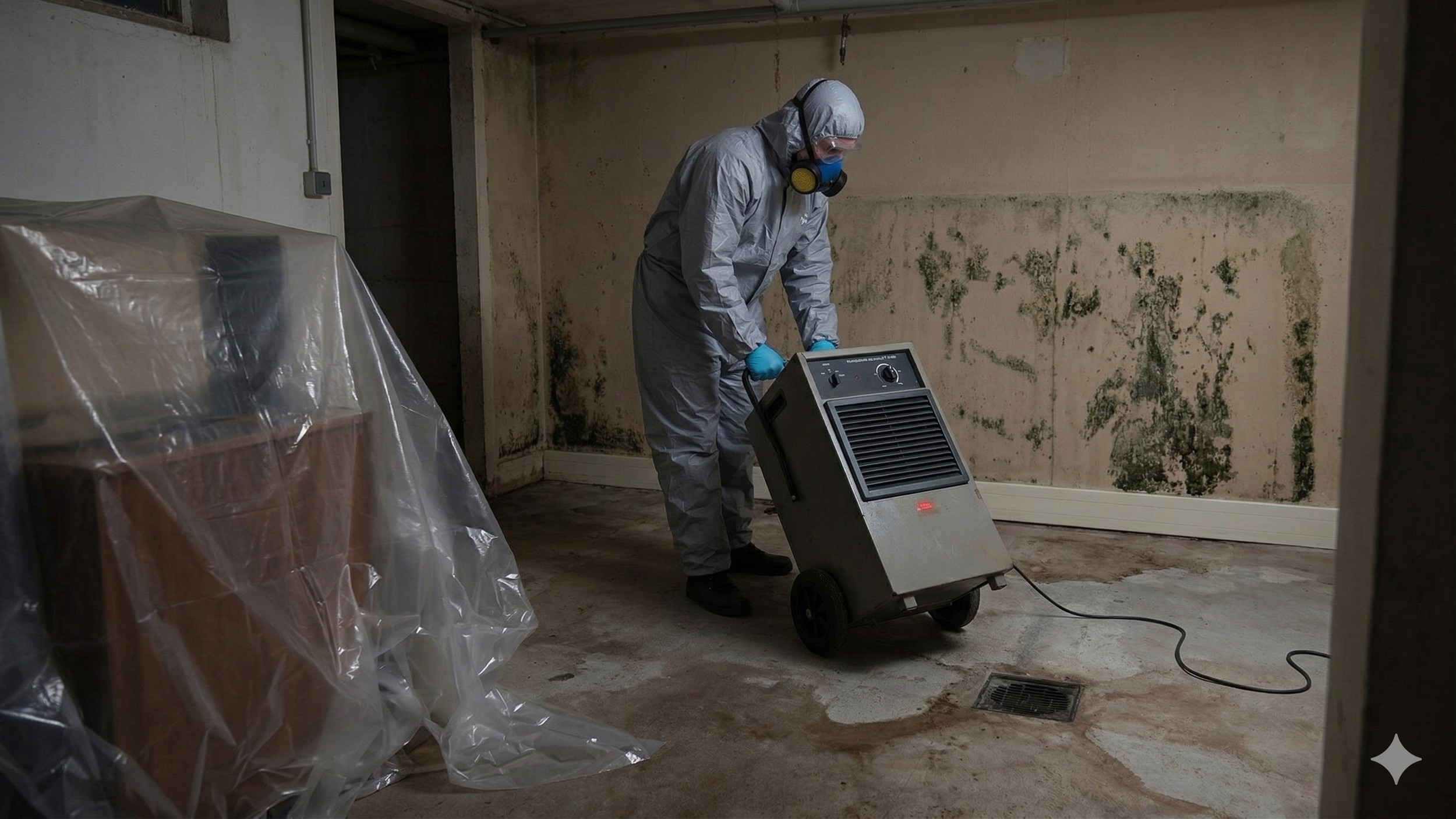 A person in protective gear using a dehumidifier or air purifier to remove mold from a wall in an indoor space.