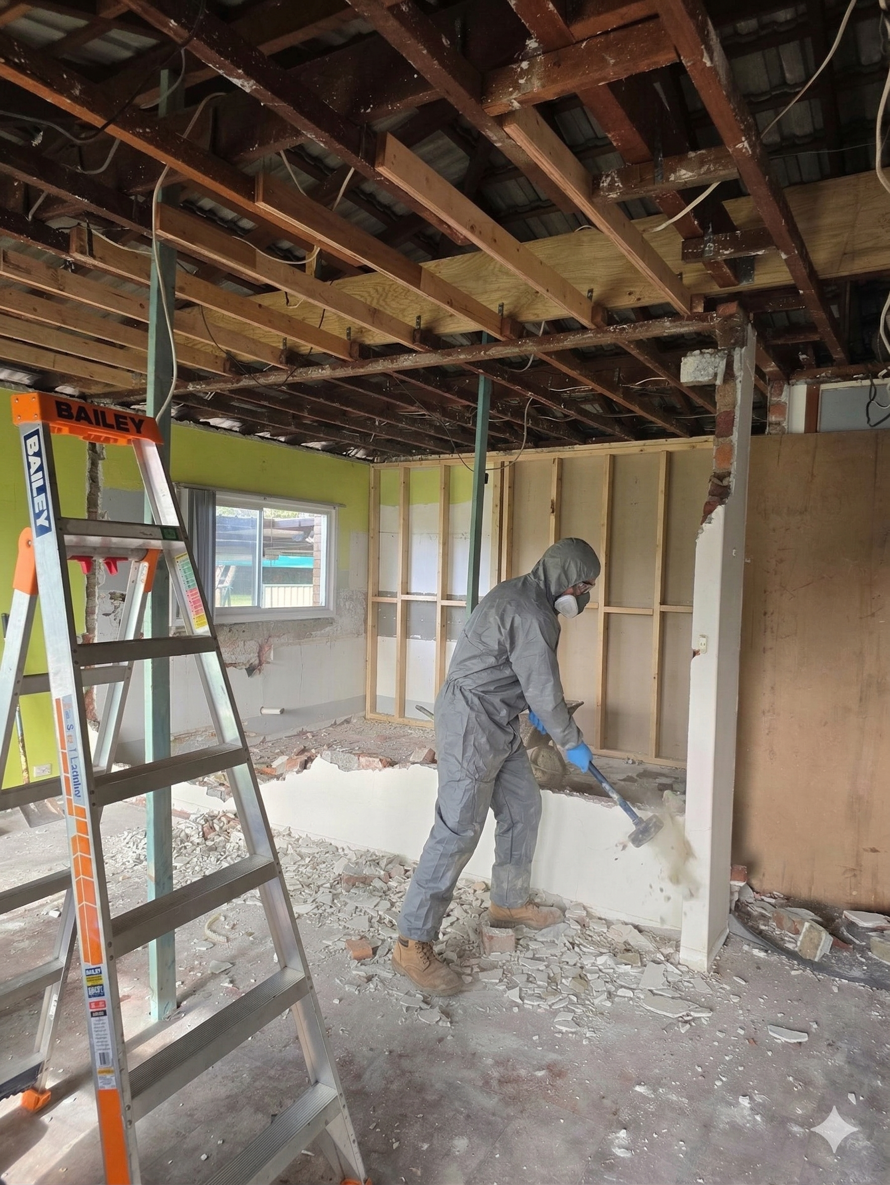 A worker wearing a protective suit, face mask, and gloves is demolishing a wall with a hammer in a room under renovation. There is a ladder and exposed ceiling beams.