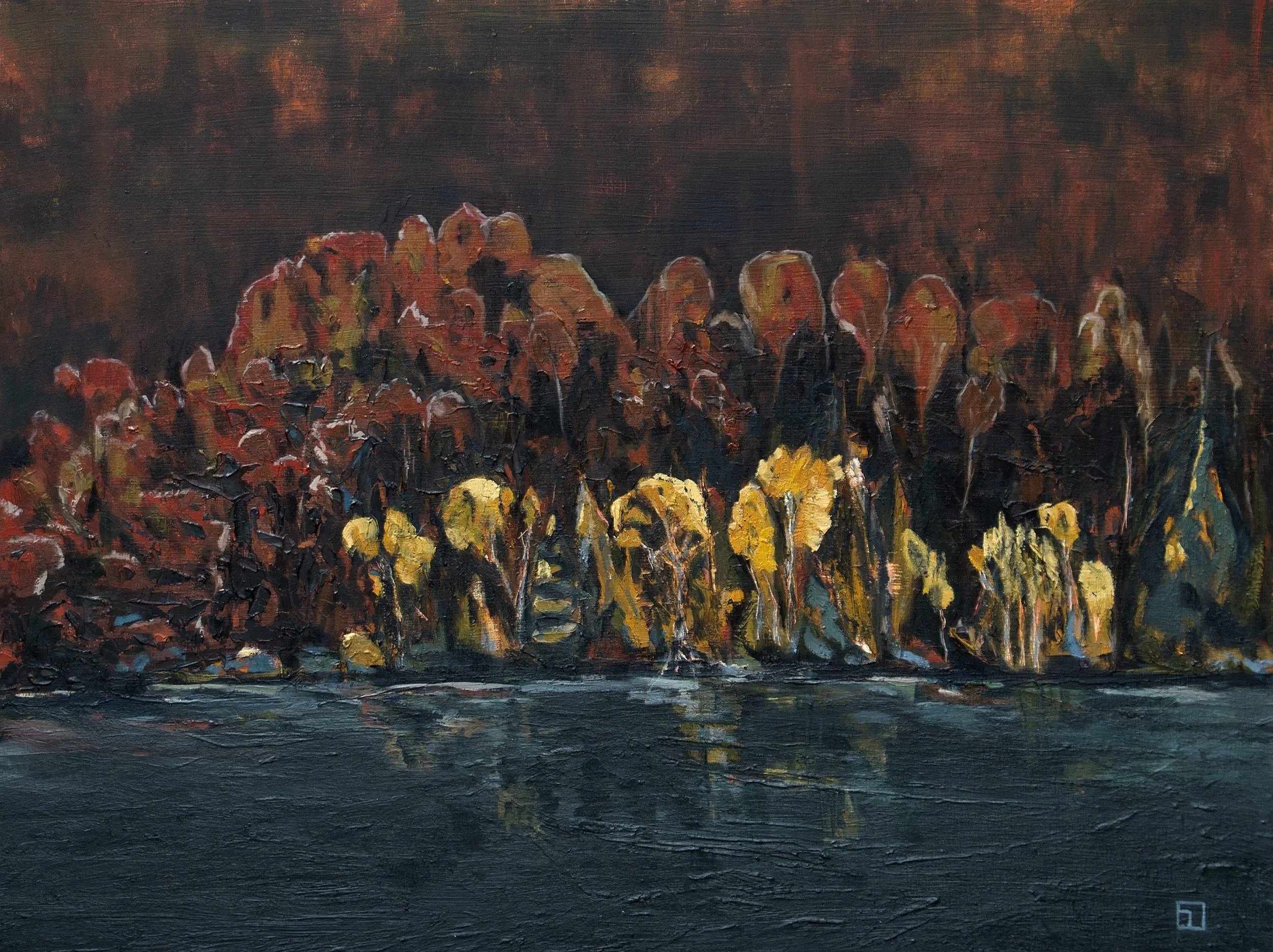 River Island, 2025, oil & cold wax on board, 18x24 in.