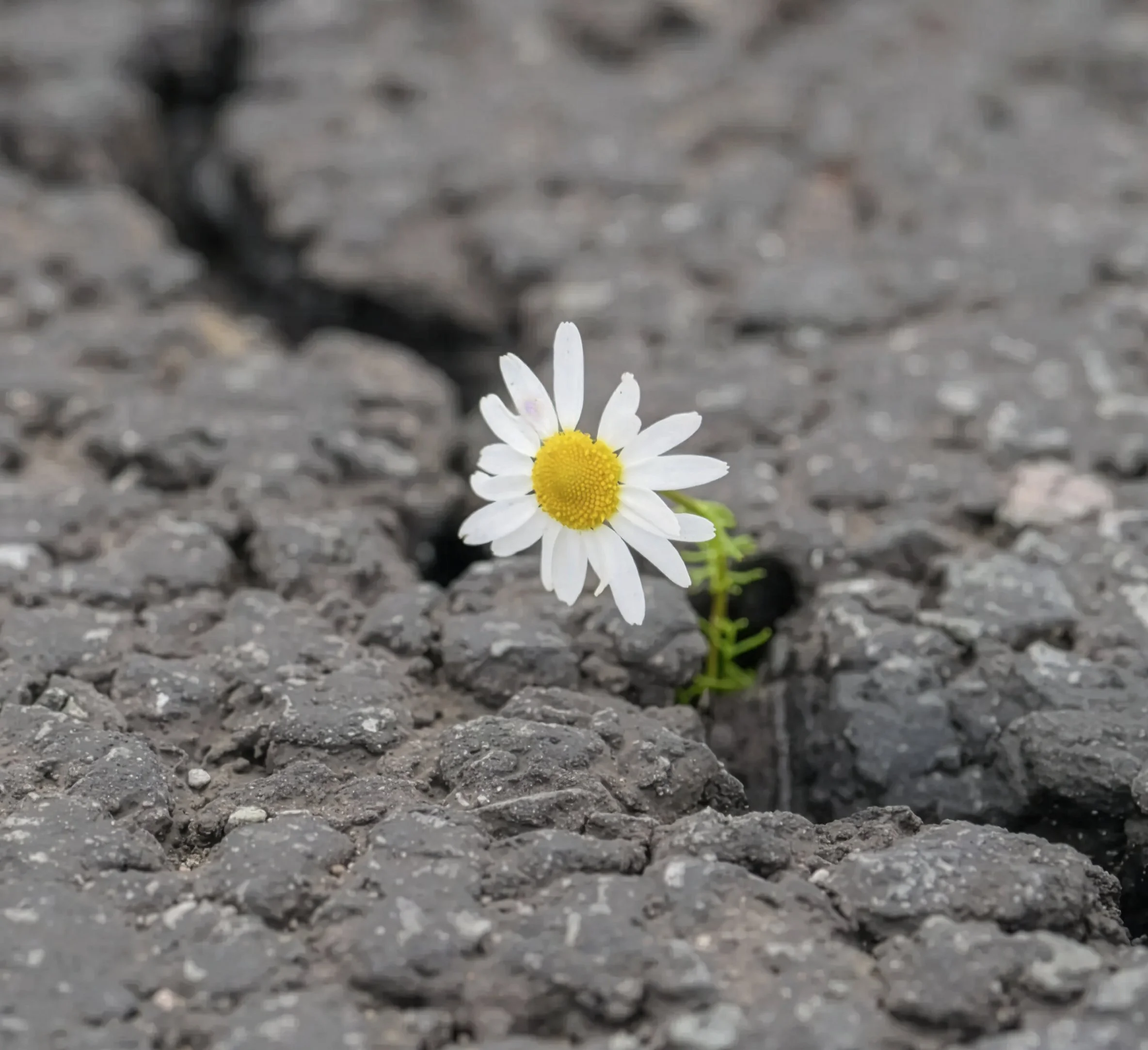 A single white daisy flower with a yellow center growing amid gray gravel ground.