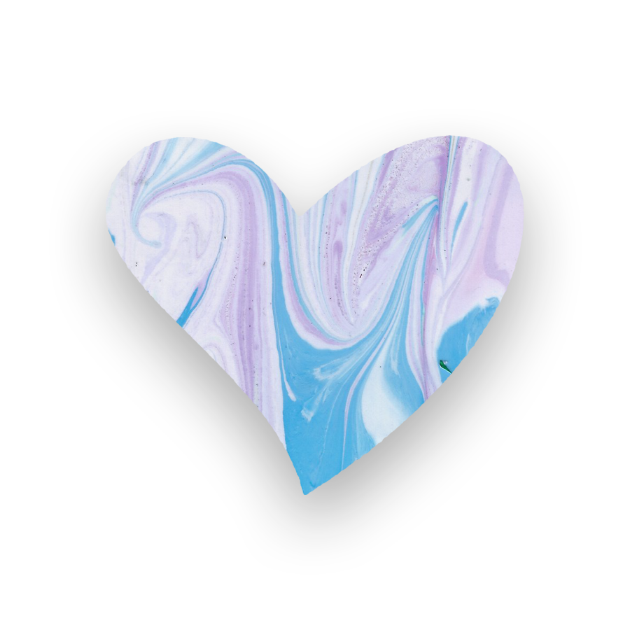 Heart shape with swirling pastel colors of purple, blue, and white on a black background.