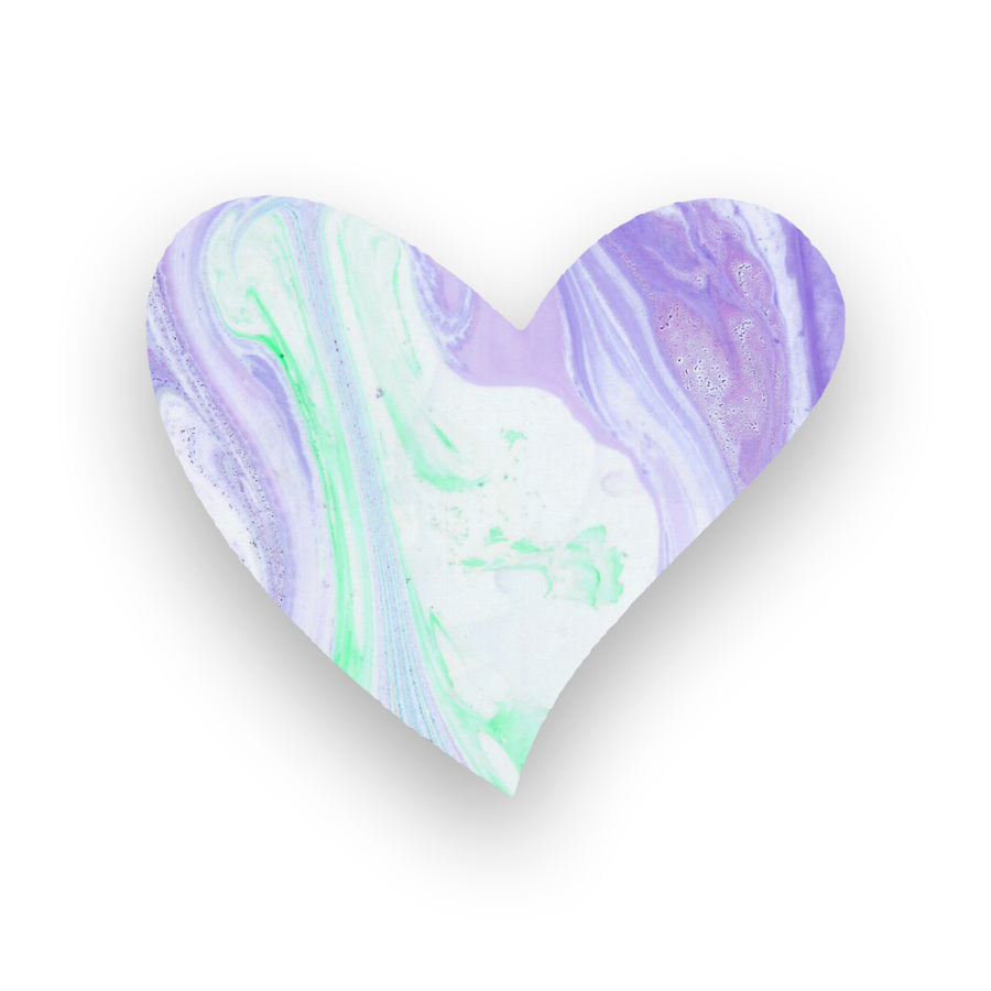 A heart shape with a marbled pattern of purple, green, and white colors on a black background.
