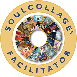 A circular logo with a gold border reading 'SoulCollage Facilitator'. Inside, it features a collage of various small, colorful images arranged in a circle around a central hole.