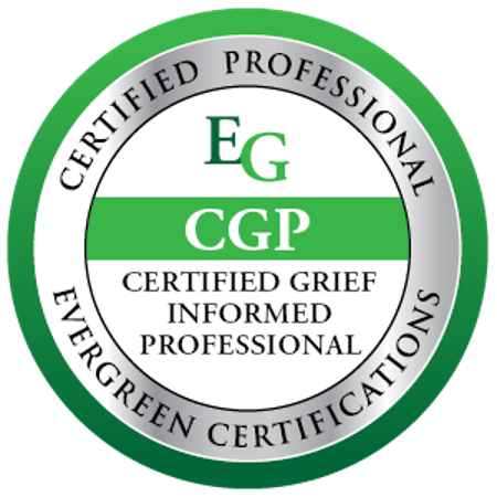 A circular certification badge with the text 'Certified Professional Evergreen Certifications' around the edge. The center has 'EG' and 'CGP' with the description 'Certified Grief Informed Professional' beneath.
