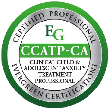 A circular certification badge with a green and white color scheme. The outer ring reads 'Certified Professional' and 'Evergreen Certifications.' The inner circle displays 'EG' at the top and 'CCAPP-CA' in the center, with additional text indicating qualifications for clinical child and adolescent anxiety treatment professionals.