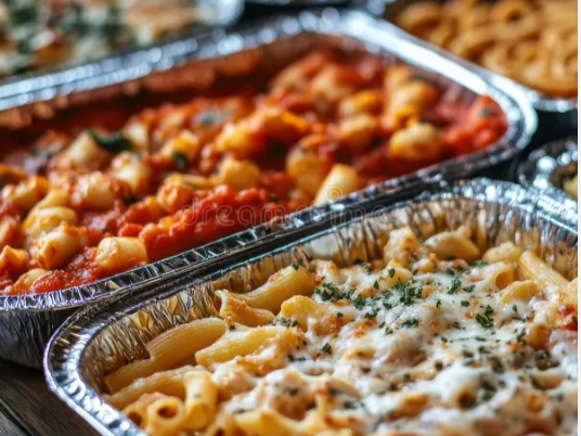 Aluminum trays of baked pasta dishes, one with cheesy macaroni and the other with baked ziti in tomato sauce. Party trays catering for celebrations, birthdays, sports games, ball games, surprise parties.