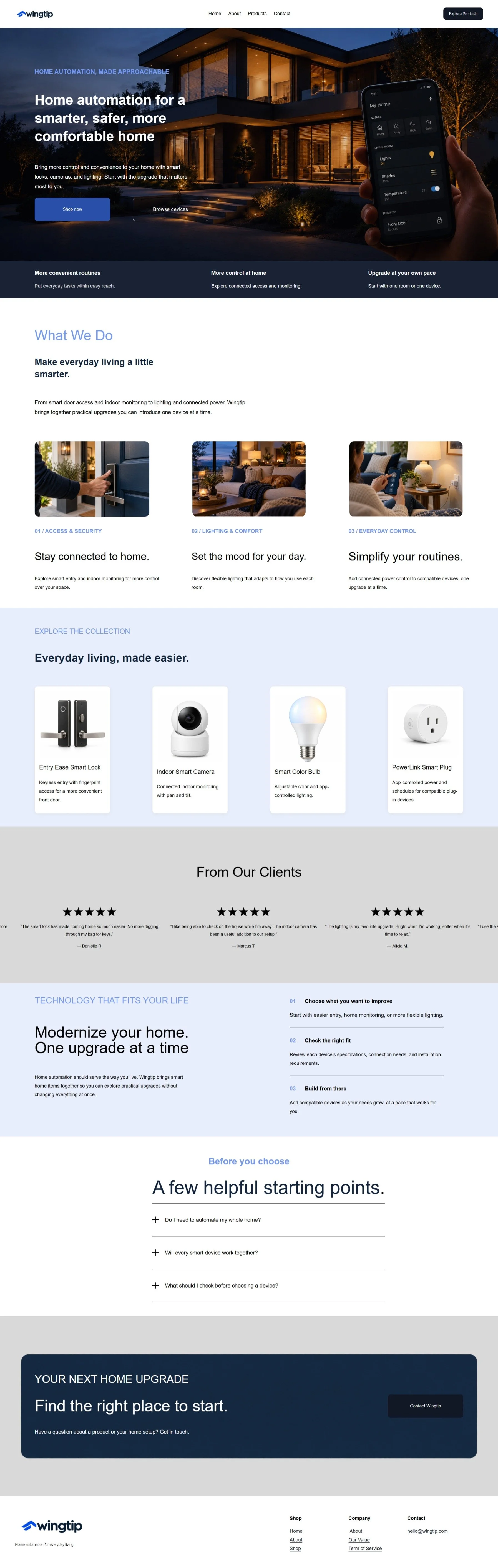 Wingtip smart home website design displayed in a full-page portfolio showcase.