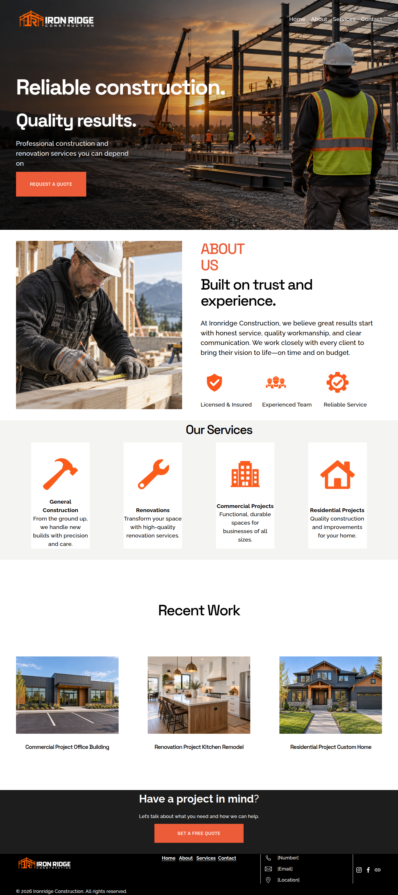 Ironridge Construction website design displayed in a full-page portfolio showcase.