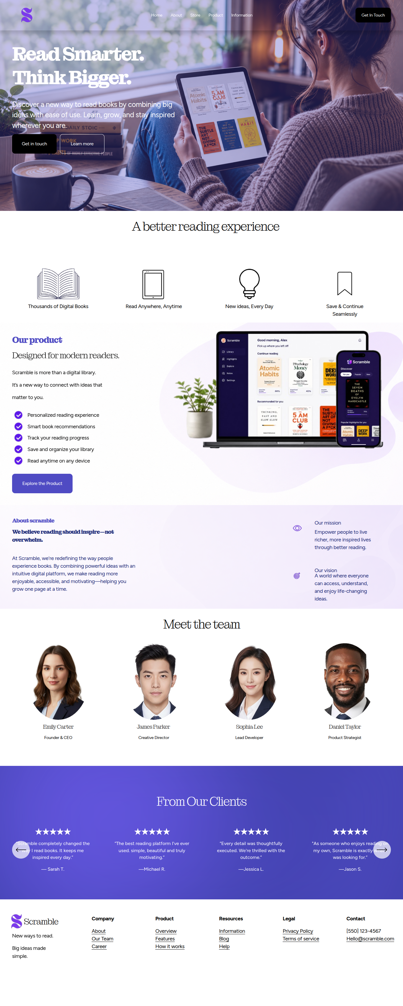 Scramble reading app website design displayed in a portfolio showcase.