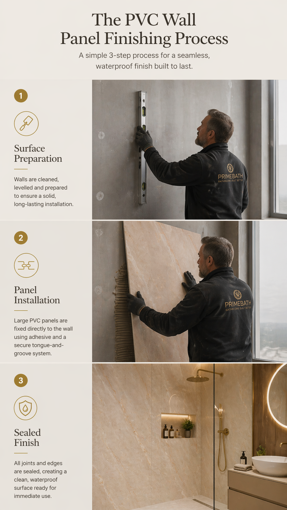 PVC wall panel installation process showing wall preparation, panel fitting and sealed finish