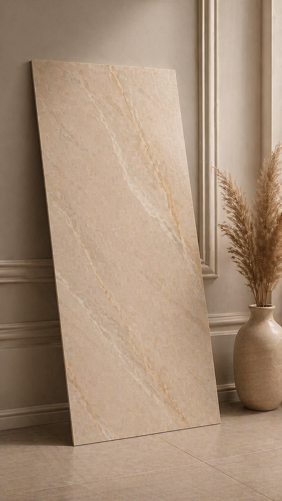 Beige marble effect PVC wall panel used in modern bathroom installation
