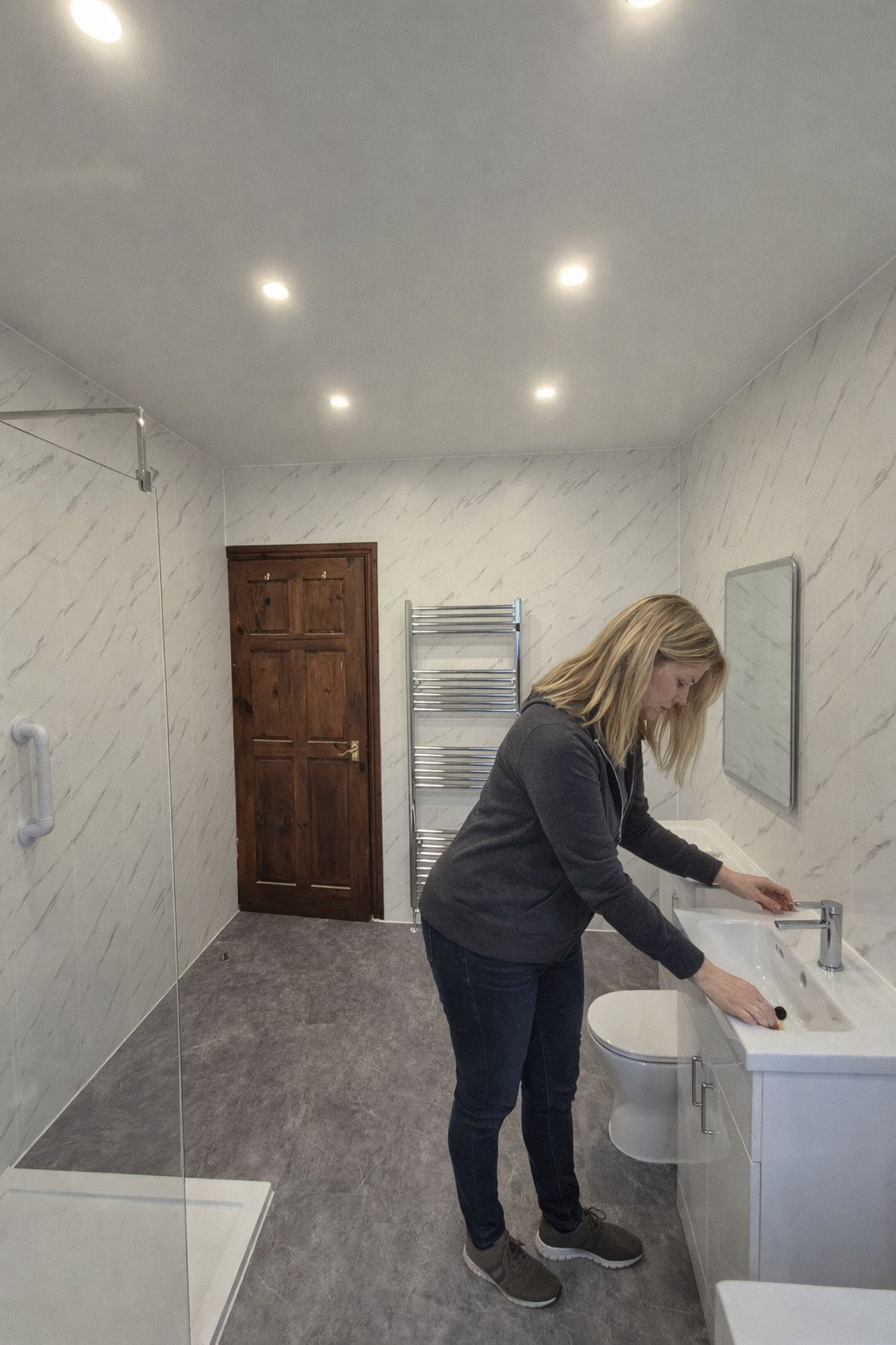 Easy-to-maintain bathroom with PVC wall panels after renovation in Manchester