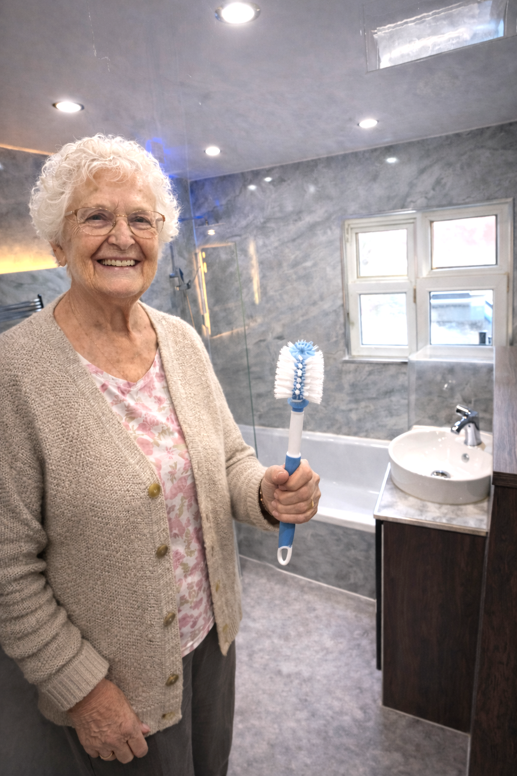 Satisfied customer after easy-to-clean bathroom renovation with PVC wall panels in Manchester