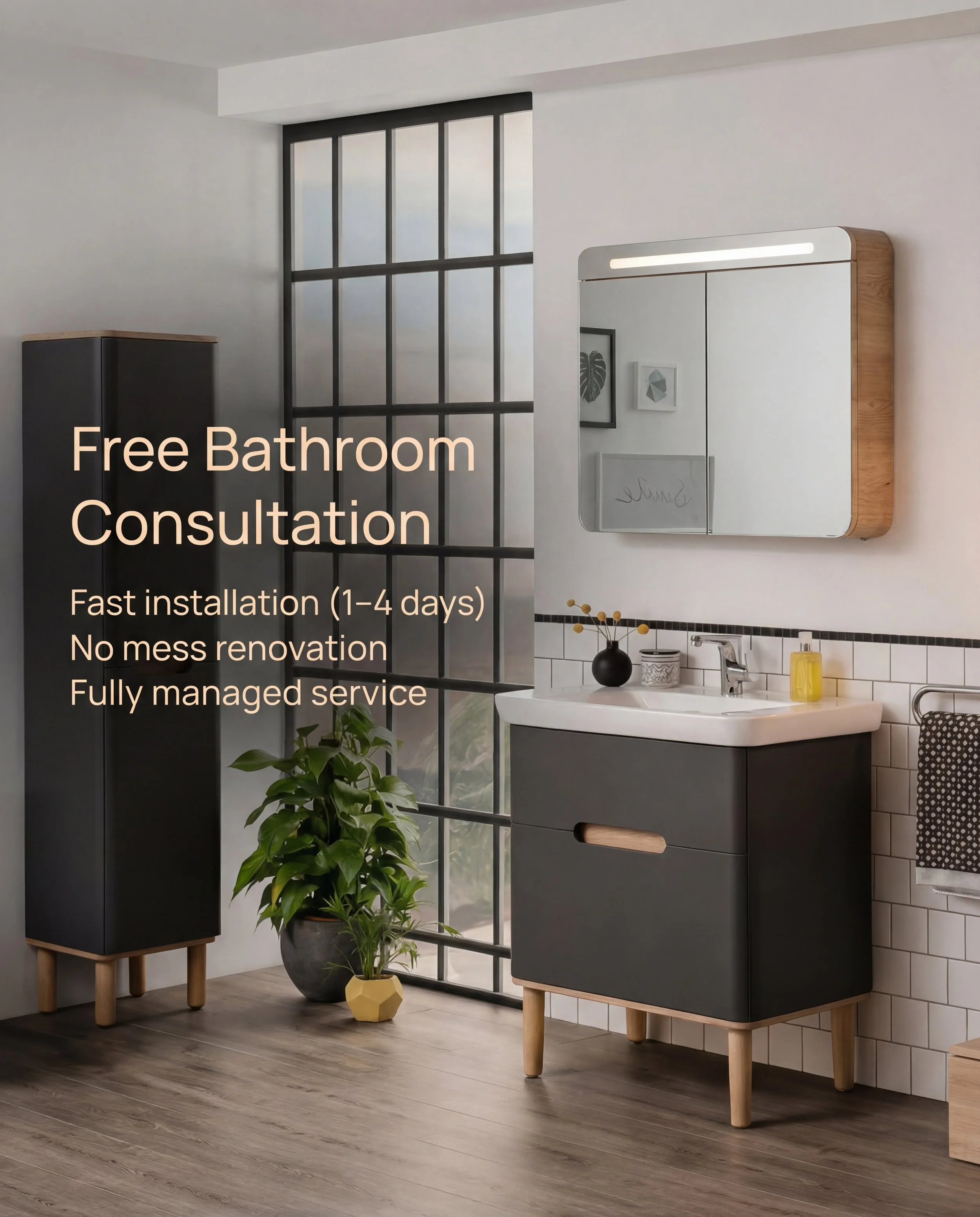 Modern bathroom with vanity unit used to promote free bathroom consultation and fast installation service