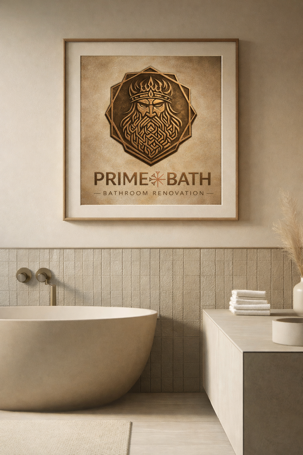 PrimeBath bathroom renovation branding displayed in a modern bathroom interior