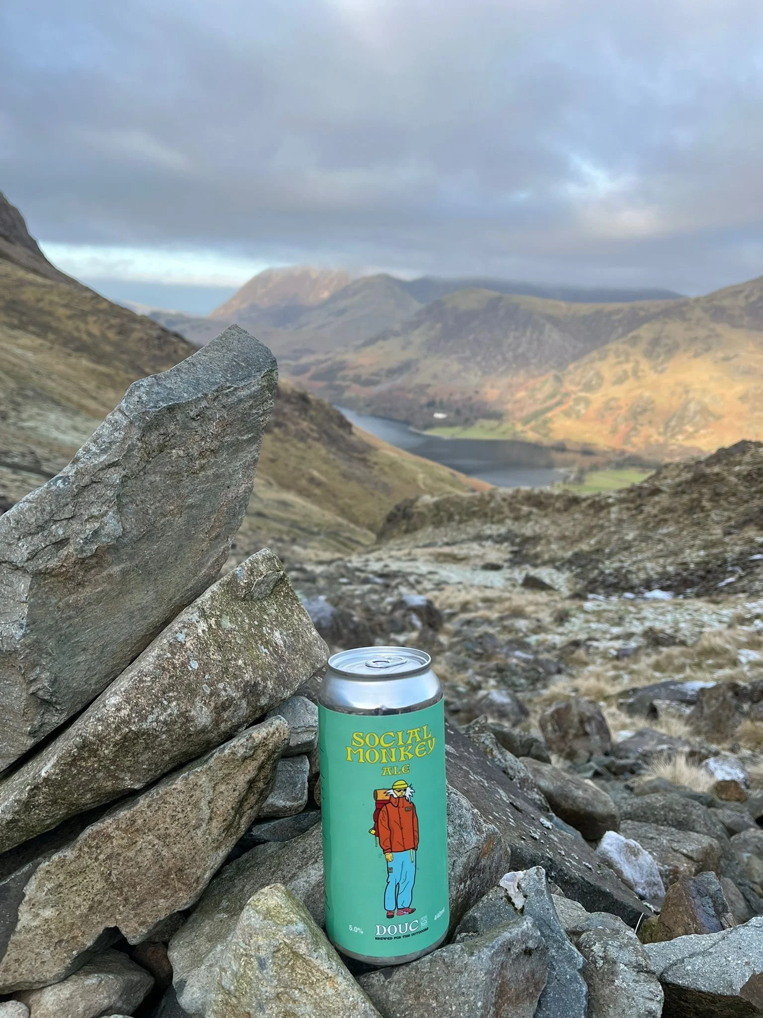 A can of Social Monkey Ale placed among rocks on a mountainous landscape with a lake and cloudy sky in the background.