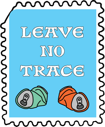 Poster with blue background and white text that says "Leave No Trace." It features illustrations of two crushed aluminum cans, one green and one orange.