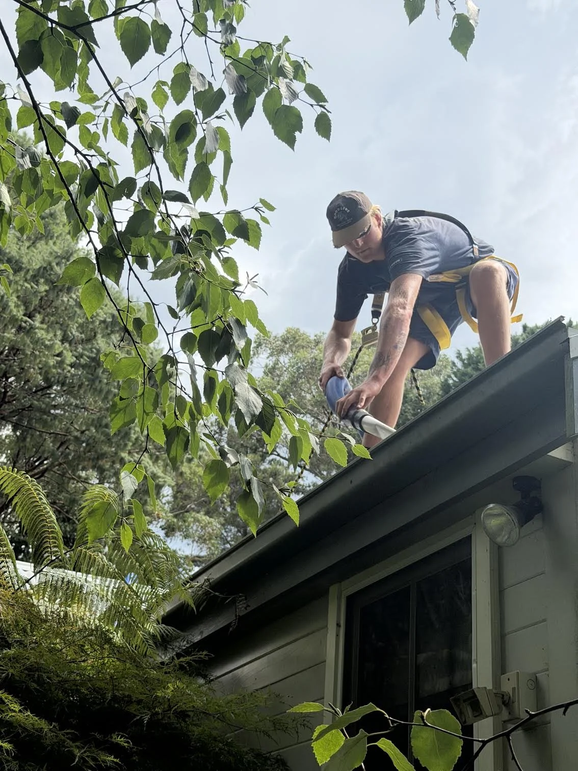 Technician clearing leaf debris from gutter on roof in kiama