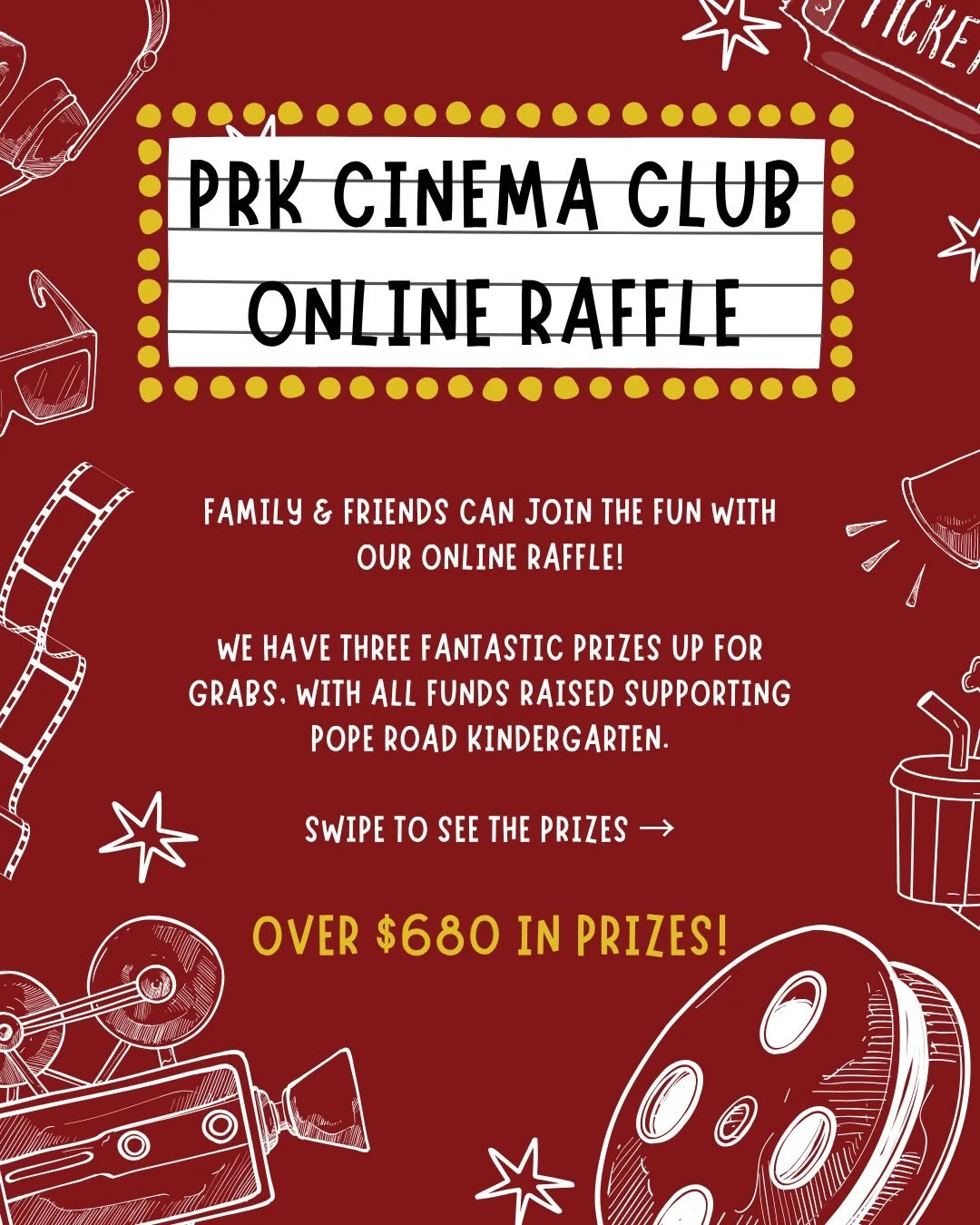 PRK Cinema Club Online Raffle is LIVE! 🎟️

We&rsquo;ve got 3 fantastic prizes worth over $680 up for grabs!

Every ticket helps support Pope Road Kindergarten and our wonderful kinder community. 

Buy your tickets now via the link in bio.