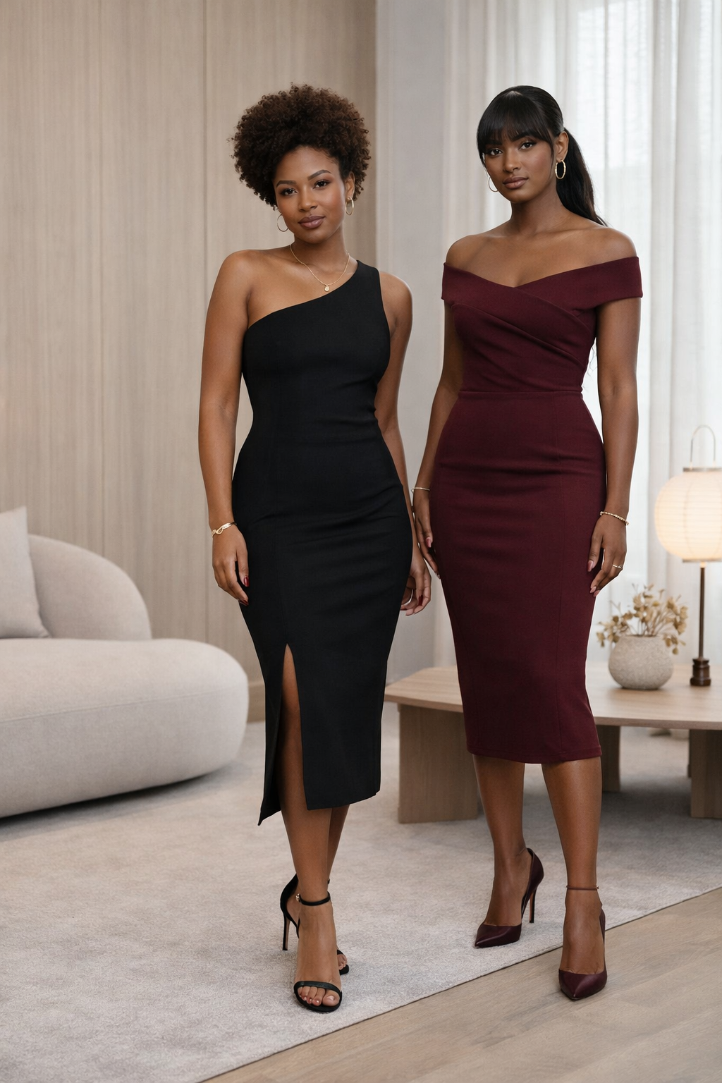 Two women standing in a modern living room, wearing elegant evening dresses with high heels, one in black and the other in burgundy, posing for a photo.