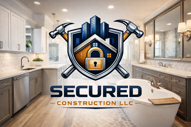 Logo for Secured Construction LLC featuring a shield with a house, skyscrapers, and crossed hammers.