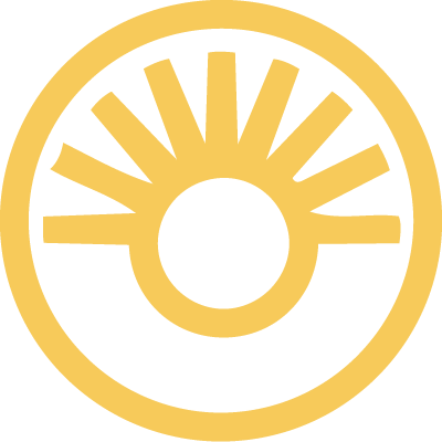 Gold and black circular logo with a stylized sun design.
