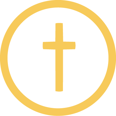 A gold Christian cross inside a gold circle on a black background.