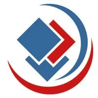 Logo avec un carré bleu, une flèche rouge pointant vers la droite, et un cercle rouge en bas