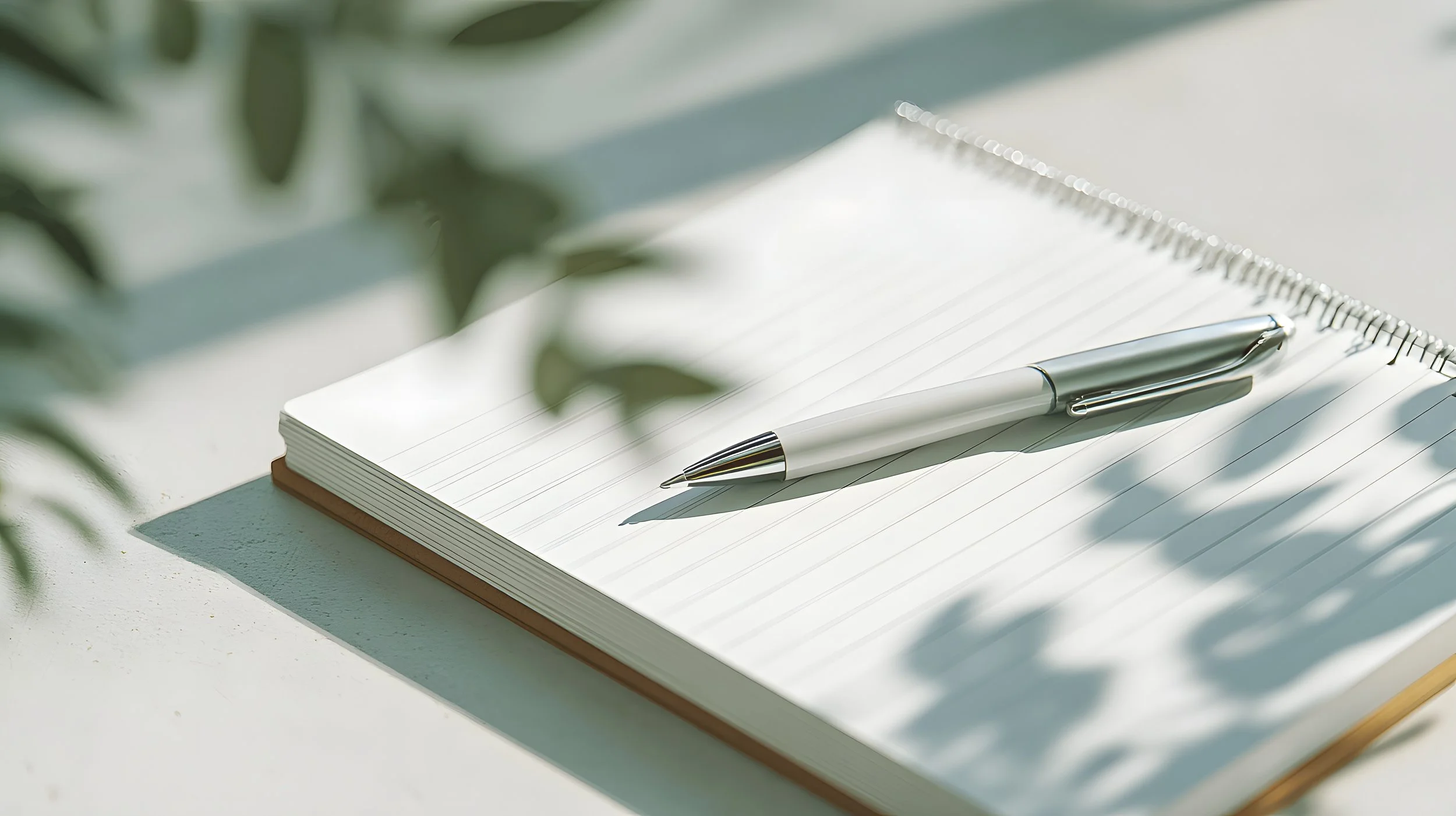 Photo of a blank notebook and pen with blurred plant and shadows