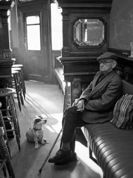An elderly man wearing a flat cap, glasses, and a coat sitting on a bench in a dimly lit room with wooden furniture. A dog sitting on the floor next to him with a leash, looking up at him. The room has large windows and bar stools along a counter.