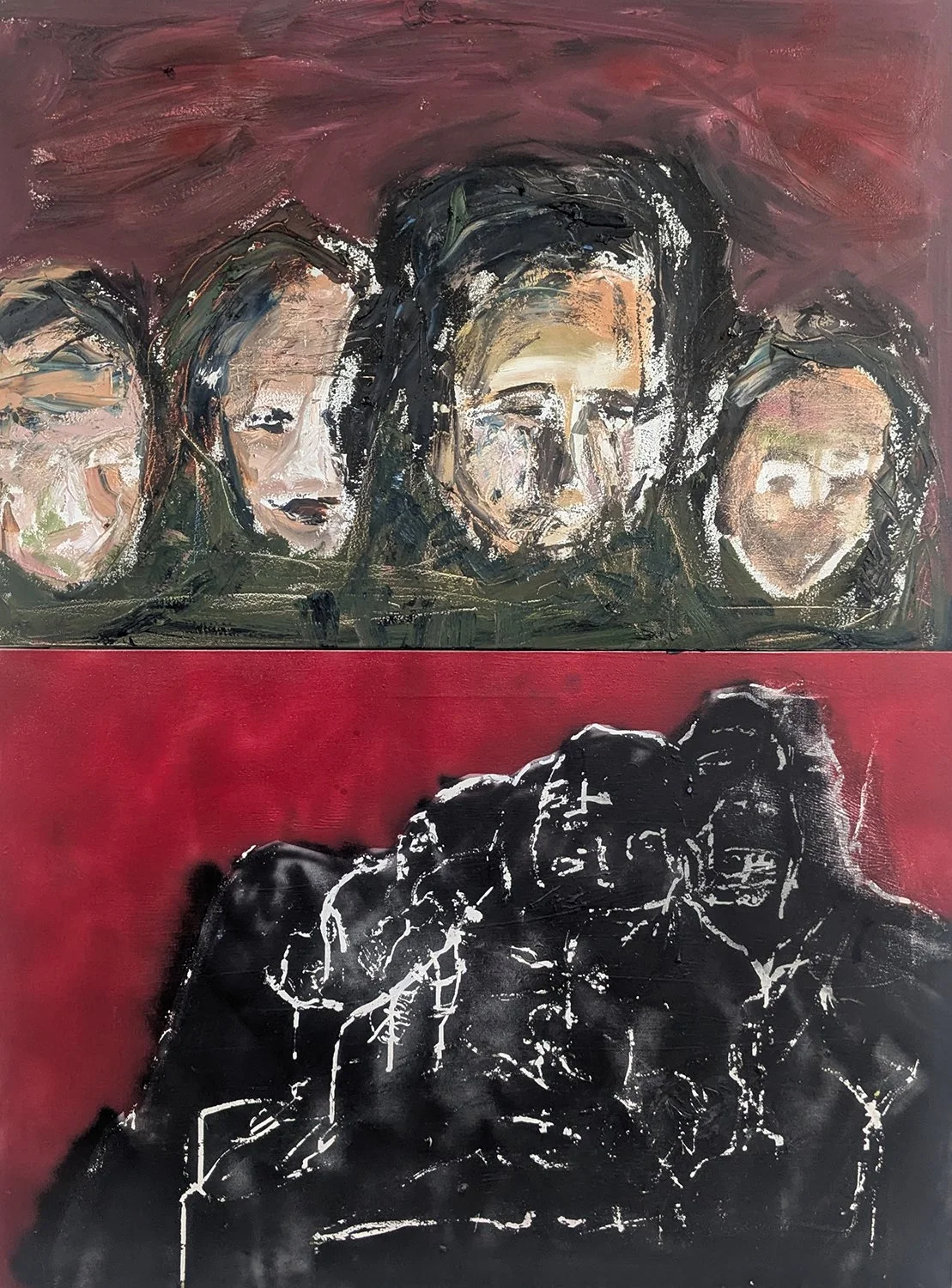 On the Shoulders, 2025, Oil on Canvas, Spray Paint, 84 x 4 cm