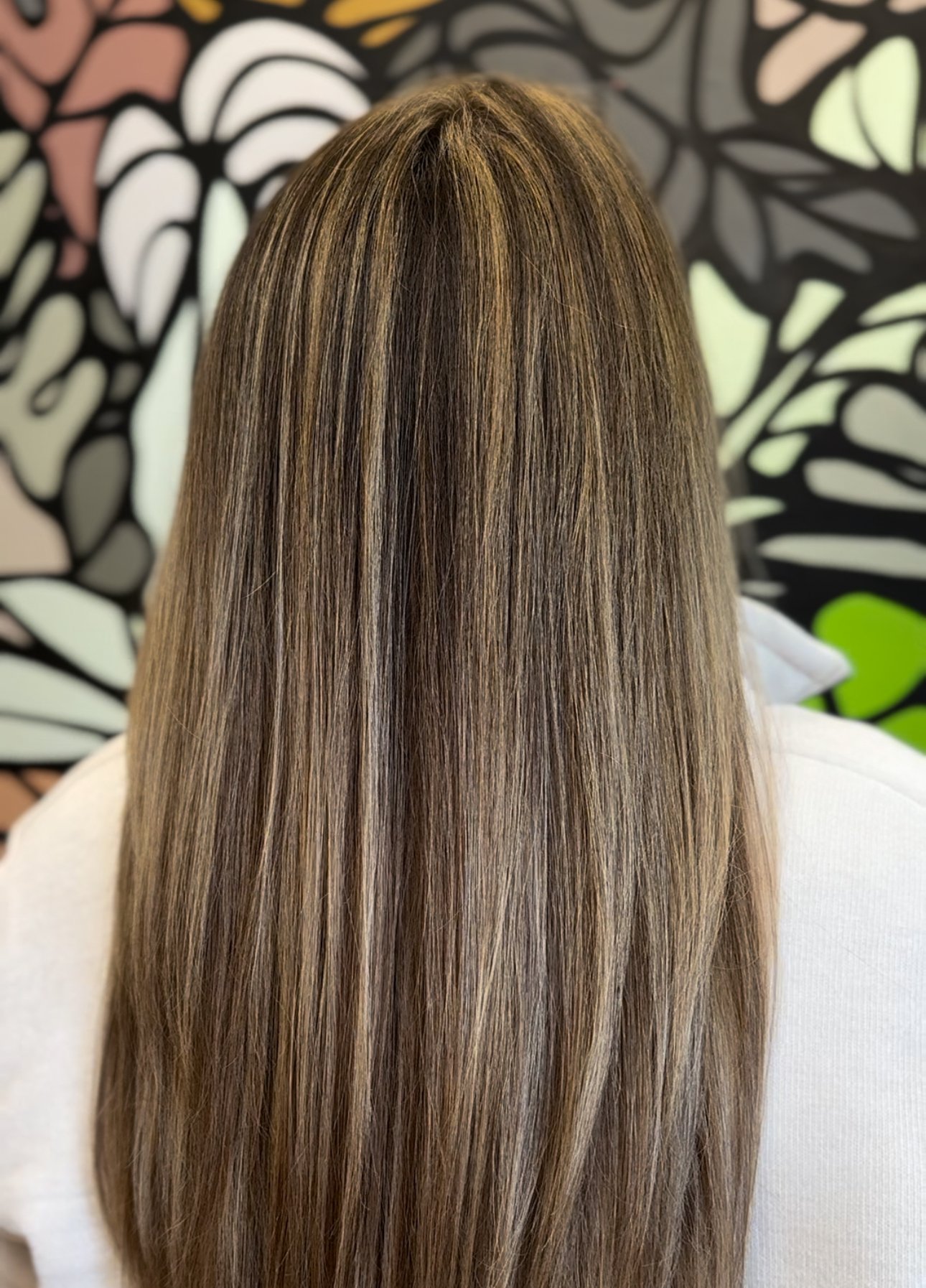 Back view of sleek, long brown hair with subtle caramel highlights in a salon